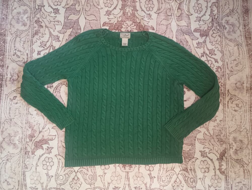LL Bean Women's Kelly Green Cable Knit Crew Neck Sweater L Fisherman Preppy